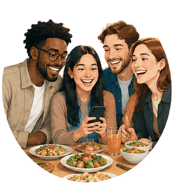 Friends dining together illustration from the Nomi Figma design